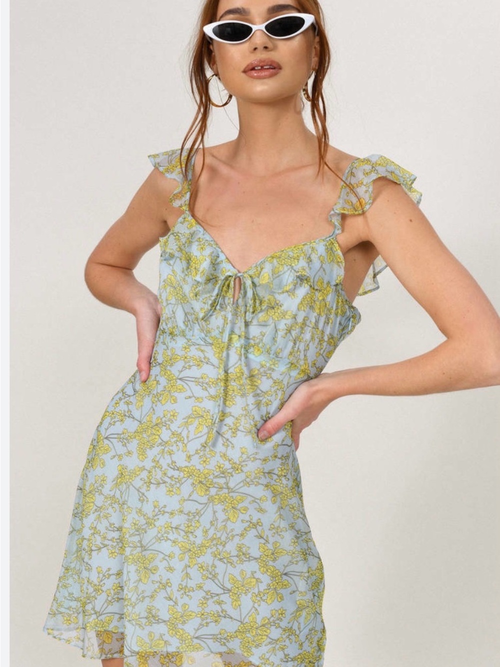 Light Blue Mini Dress with Yellow Floral Print and Ruffle Straps